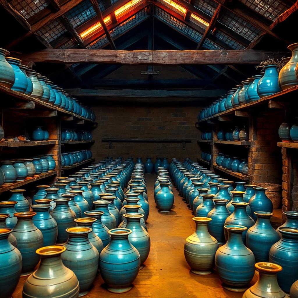 Rows of blue pottery in a traditional kiln workshop
